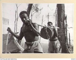 WEWAK AREA, NEW GUINEA. 1945-06-27. NATIVE CARRIERS BRINGING UP FOOD TO B COMPANY, 2/8 INFANTRY BATTALION FORWARD POSITIONS ON HILL 2