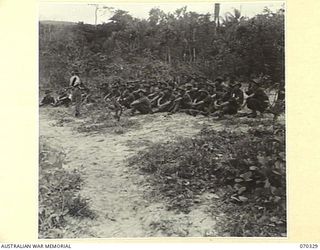 SIO MISSION, NEW GUINEA, 1944-02. NX12221 LIEUTENANT-COLONEL N.W. SIMPSON, DSO, (1) COMMANDER OF THE 2/17TH INFANTRY BATTALION, TALKING TO THE "B" COMPANY WHO WERE THE ONLY TROOPS AT THAT TIME TO ..
