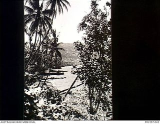 Keravia Bay, Rabaul, New Britain, 1945-10. Several wrecked Japanese barges which have been bombed by allied aircraft lie half-submerged along the shores of a bay fringed with tropical palm trees