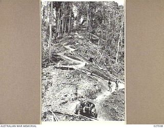 PAPUA, NEW GUINEA. 1942-10. AT THE CENTRE OF THE TOP OF THIS PHOTOGRAPH MAY BE SEEN THE RAMP AND PLATFORM OF THE "FLYING FOX" CONSTRUCTED BY THE 2/6TH FIELD COMPANY, ROYAL AUSTRALIAN ENGINEERS, TO ..