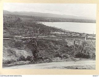 WEWAK POINT, NEW GUINEA. 1945-05-29. THE VIEW FROM THE TOP OF THE POINT LOOKING SOUTHWEST SHOWING THE FLAT, SWAMPY PENINSULA, WITH THE NARROW NECK OF DRY LAND RUNNING PARALLEL TO THE BEACH. THIS ..