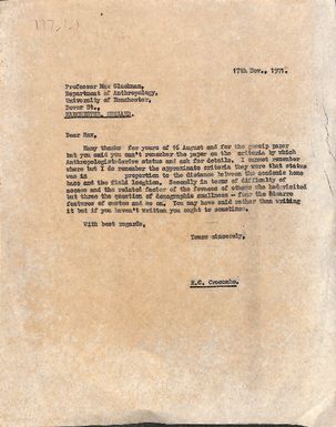 Letter to Max Gluckman, University of Manchester