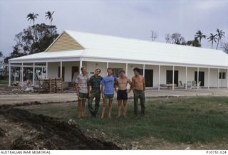 Informal group portrait of Sappers Scott Noble, Bob Rootering, Mick Hadley Lieutenant Graeme Membrey and an Sapper Michael Vecchio. This image relates to the service of Michael Church, 17 ..