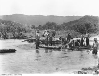 DANMAP RIVER, NEW GUINEA. 1945-01-06. TROOPS OF THE PIONEER PLATOON, 2/8TH INFANTRY BATTALION BUILDING A TEMPORARY COCONUT LOG BRIDGE OVER A TRIBUTARY OF THE RIVER. THIS BRIDGE HAD TO BE ..