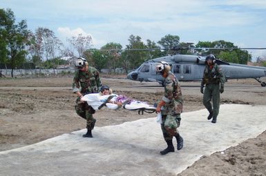 Two US Navy (USN) Sailors carry an injured Indonesian man on a stretcher from an MH-60S Seahawk helicopter, Helicopter Combat Support Squadron 5 (HC-5), Andersen Air Force Base (AFB), Guam, on the helicopter pad at Albadin University Hospital in Banda Aceh, Sumatra, Indonesia. The man received medical treatment aboard the Military Sealift Command (MSC) Hospital Ship USNS MERCY (T-AH 19) [not shown] anchored off shore