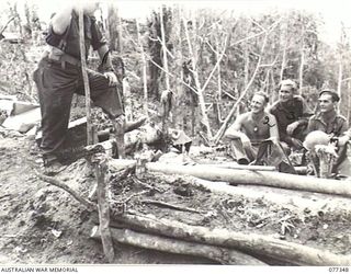 TOROKINA AREA, BOUGAINVILLE ISLAND. 1944-11-30. TX2002 BRIGADIER J. FIELD, DSO, ED, COMMANDING OFFICER 7TH INFANTRY BRIGADE (1), CHATTING WITH MEMBERS OF ONE OF THE MORTAR CREWS WHICH PUT DOWN THE ..