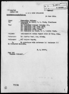 NEW ORLEANS - AA Act Rep, 6/19/44, Northwest of Guam Island, Marianas