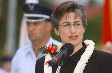 The Honorable Linda Lingle, Governor of the State of Hawaii (HI), speaks during a Retreat Ceremony honoring the 30th Anniversary of Operation HOMECOMING, held at Hickam AFB, Hawaii (HI)