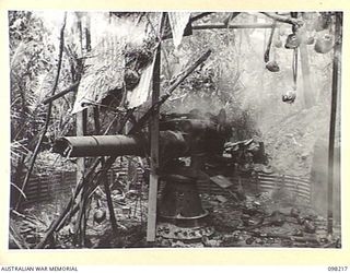 PUT PUT, NEW BRITAIN. 1945-10-21. A JAPANESE NAVAL GUN WREATHED IN FUMES AFTER GELIGNITE RAMMED DOWN ITS BARREL EXPLODED. IT WAS DESTROYED BY JAPANESE SOLDIERS WORKING UNDER THE SUPERVISION OF ..