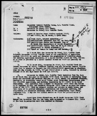 COMCENTPACFOR - Act Rep, Rep Of Carrier Based Strikes Against Palau, Yap, & Woleai Is, 3/30/44 – 4/1/44