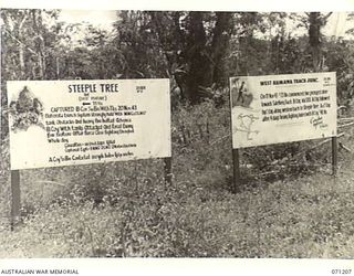 FINSCHHAFEN AREA, NEW GUINEA, 1944-03-17. TWO OF THE MANY BATTLE SIGNS IN THE FINSCHHAFEN AREA, THE SIGN TO THE LEFT RECORDS THE ACTIVITIES OF "B" COMPANY, 2/48TH INFANTRY BATTALION, ASSISTED BY ..