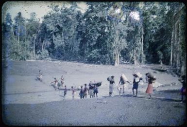 Patrol crossing the Amboga River showing deposits of ash and mud from Mt. Lamington, Papua New Guinea, 1951 / Albert Speer