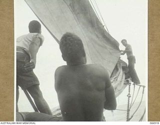 NEW GUINEA. 1944-06-14/02. THE CREW OF THE AK94 A VESSEL OF THE 12TH SMALL SHIPS COMPANY, REEFING A JIB SAIL DURING A GALE