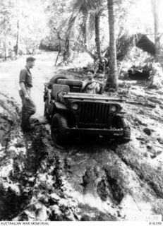 Finschhafen Area, New Guinea. 1943-10. A jeep making heavy weather on a Finschhafen track