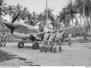 Milne Bay, Papua. 1942-09. Fellow pilots of 76 Squadron  RAAF, lend a hand to push Squadron Leader Truscott's plane back into the dispersal bay, as he steps out of the cockpit