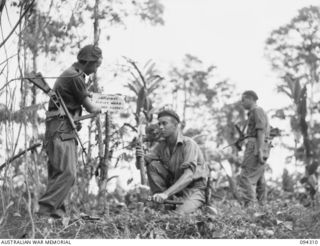 MAMAGOTA AREA, BOUGAINVILLE. 1945-07-22. ARTILLERY SURVEYORS OF 3 SURVEY BATTERY, ROYAL AUSTRALIAN ARTILLERY, SETTING A WAD TO MARK A SURVEYED POINT FOR FUTURE USE AS 25-POUNDER GUN POSITIONS WEST ..