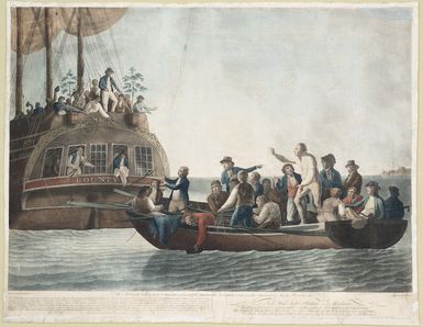 Dodd, Robert 1748-1816 :The mutineers turning Lieut. Bligh and part of the officers and crew adrift from His Majesty's ship the Bounty. Painted [and] engraved by Robt. Dodd. London, B B Evans 1790