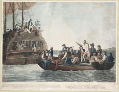 Dodd, Robert 1748-1816 :The mutineers turning Lieut. Bligh and part of the officers and crew adrift from His Majesty's ship the Bounty. Painted [and] engraved by Robt. Dodd. London, B B Evans 1790
