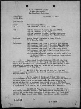 USS Farenholt - Rep of ops in support of the invasion of Guam Is, Marianas 7/21/44 - 8/10/44