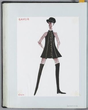 ["Samoa", "Robe noire sans manches, casquette noire, boutons bijoux dorés, bottes hautes, de la collection Grand Rayon, Demi saison Eté 1967, de la maison Jacques Heim", "Ensemble de modèles de la collection Grand Rayon, Printemps - Eté 1967, de la maison Jacques Heim"]