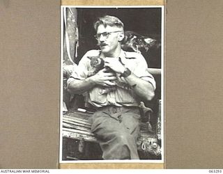 FAITA, NEW GUINEA. 1944-01-07. NX58995 WARRANT OFFICER CLASS 2, J. S. O'BRIEN OF BONDI, NSW, AND OF THE 2/2ND COMMANDO SQUADRON WITH TWO OF THE FIVE KITTEN MASCOTS OF THE UNITS. THE KITTENS WERE ..