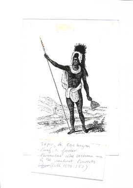 Photo of a man with  handwritten note 'Tepou, A Rarotongan chief; a former cannibal who became one of the earliest converts (Gill 1894: 347)'