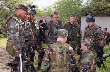 New Hampshire Air National Guard 157th Air Refueling Wing Security Forces personnel receive instuctions during a training exercise using paintball guns at Hickam Air Base, Hawaii, on Jan. 25, 2005.(U. S. Air Force PHOTO by STAFF SGT. Dawn Finniss) (Released)