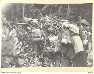 KARKAR ISLAND, NEW GUINEA. 1944-06-02. TROOPS OF THE 37/52ND INFANTRY BATTALION WHO WERE AMONG THE SECOND WAVE OF ATTACK IN THE BEACH LANDING ON THE ISLAND, NOW MOVE INWARDS TOWARDS JUNGLE