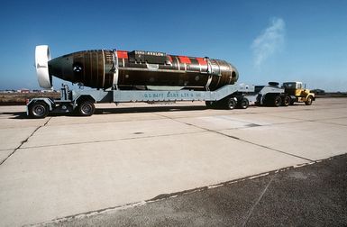 A starboard view of the deep submergence rescue vehicle Avalon (DSRV-2) loaded on a trailer. The Avalon will be loaded aboard an Air Force C-5A Galaxy aircraft for transport to Hawaii as part of a DSRV fly-away exercise to train personnel in the handling and operation of the vehicle