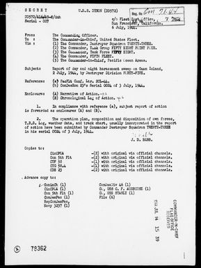 USS DYSON - Act Rep of Day & Night Harrassment Sweep Guam Island, 7/2/44