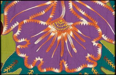 Tivaevae tataura, orchids and puru-akari (brown coconut husk) pattern, by Norma Iro (detail)