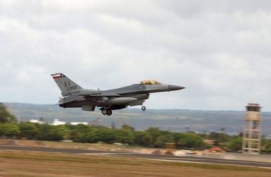 A US Air Force (USAF) F-16C Fighting Falcon aircraft assigned to the 149th Fighter Wing (FW), Texas Air National Guard (TXANG), lands at Hickam Air Force Base (AFB), Hawaii, to participate with members assigned to the 25th Air Support Operation Squadron (ASOS), in an training exercise called, "Sentry Strike."