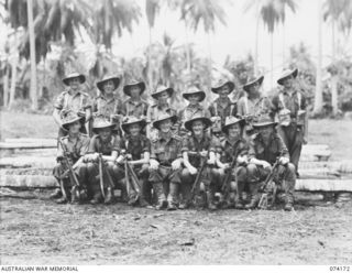 SIAR, NEW GUINEA. 1944-06-22. PERSONNEL OF NO.15 PLATOON, C COMPANY, 57/60TH INFANTRY BATTALION. IDENTIFIED PERSONNEL ARE:- VX108663 CORPORAL W.H. ALIENDI (1); VX102557 PRIVATE S.J. BOWLES (2); ..