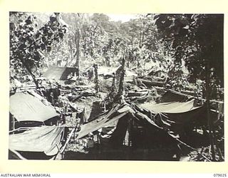 TSIMBA RIDGE, BOUGAINVILLE ISLAND. 1945-02-06. CAMP AREA AND MORTAR EMPLACEMENT OF THE 101ST BRIGADE SUPPORT COMPANY, WHO ARE SUPPORTING THE ATTACK ON ENEMY POSITIONS BY THE 31/51ST INFANTRY ..