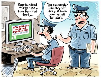 Two policemen count the missing persons list, discounting John Key who is in Hawaii