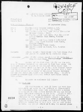 COMCRUDIV 6 - Rep of Ops Against the Palau & Philippine Is & in Support of Landings on Morotai Island, Halmahera Gr, 8/28/44 to 9/24/44, including AA Act on 9/22/44