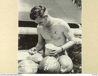 SIAR-NAGADA, NEW GUINEA. 1944-09-08. QX57958 PRIVATE J. ARTHUR, 61ST INFANTRY BATTALION "THE QUEENSLAND CAMERON HIGHLANDERS" ADDRESSING COCONUTS FOR POSTING HOME TO HIS FRIENDS