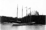 Four-masted schooner DEFIANCE after launch in the Hoquiam River, 1897