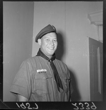 Scout leader, Ben Ellis, from the Cook Islands, at Parliament Buildings, Wellington before joining the New Zealand contingent on their trip to the world jamboree in the United Kingdom