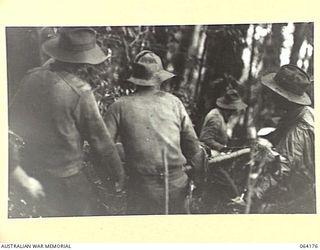 CANNING'S SADDLE, NEW GUINEA. 1944-01-21. STRETCHER BEARERS BRINGING WOUNDED OF THE 2/12TH INFANTRY BATTALION THROUGH THICK JUNGLE TO THE ADVANCED REGIMENTAL AID POST DURING THE ACTION ON MOUNT ..