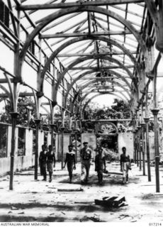 Alexishafen, New Guinea. 1944-04. The iron roof and fittings of the Rempi Catholic Mission Church, near Alexishafen, were removed by the Japanese