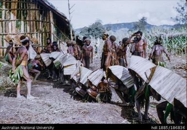 Men in a line, wearing leaves over their heads