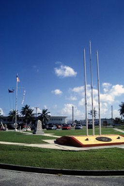 Views of the old Marine Corps Barracks site which housed Marines from October 1921 until the capture of Guam on 10 December 1941 by invading Japanese forces. The site was destroyed during the liberation of Guam in July 1944, but the flag pole still stood and the American troops once again raised the United States flag over the site