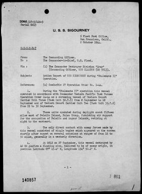 USS SIGOURNEY - Rep of opers in support of the invasion & occupation of the Palau Islands, 9/8-30/45