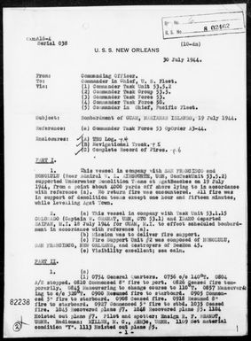 USS NEW ORLEANS - Report of Bombardment of Guam Island, Marianas on 7/19/44