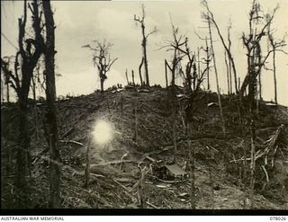 Artillery Hill, Bougainville. 1944-12-30. Battalion Headquarters of the 25th Infantry Battalion, 7th Australian Army Brigade, as seen from Middle Knoll