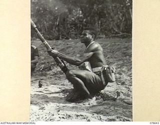 BOUGAINVILLE ISLAND. 1945-01-25. NGN48 PRIVATE NAKWAN "A" COMPANY, 1ST NEW GUINEA INFANTRY BATTALION FIRING A RIFLE GRENADE DISCHARGER DURING A TRAINING COURSE