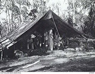 ORO BAY, NEW GUINEA. 1943-04. A COMPLETED NEW WARD BUILT BY BRIGADING 3 RD, 180 POUND (12 X 14) TENTS. THE SIDES OF THE TENTS WERE PULLED RIGHT OUT AND THE FLYS WERE USED IN ALL CASES. THE TRIANGLE ..