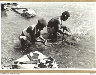 LALOKI RIVER, NEW GUINEA. 1944-01-02. POLICE BOYS ON THE WAY TO PORT MORESBY CLEANING UP IN THE RIVER