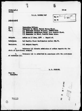 FANSHAW BAY - Rep of Act Against Jap Aircraft on 6/17/44, Northeast of Saipan Is, Marianas